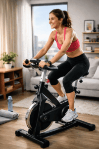 jauna moteris treniruojasi namuose dviraciu treniruokliu